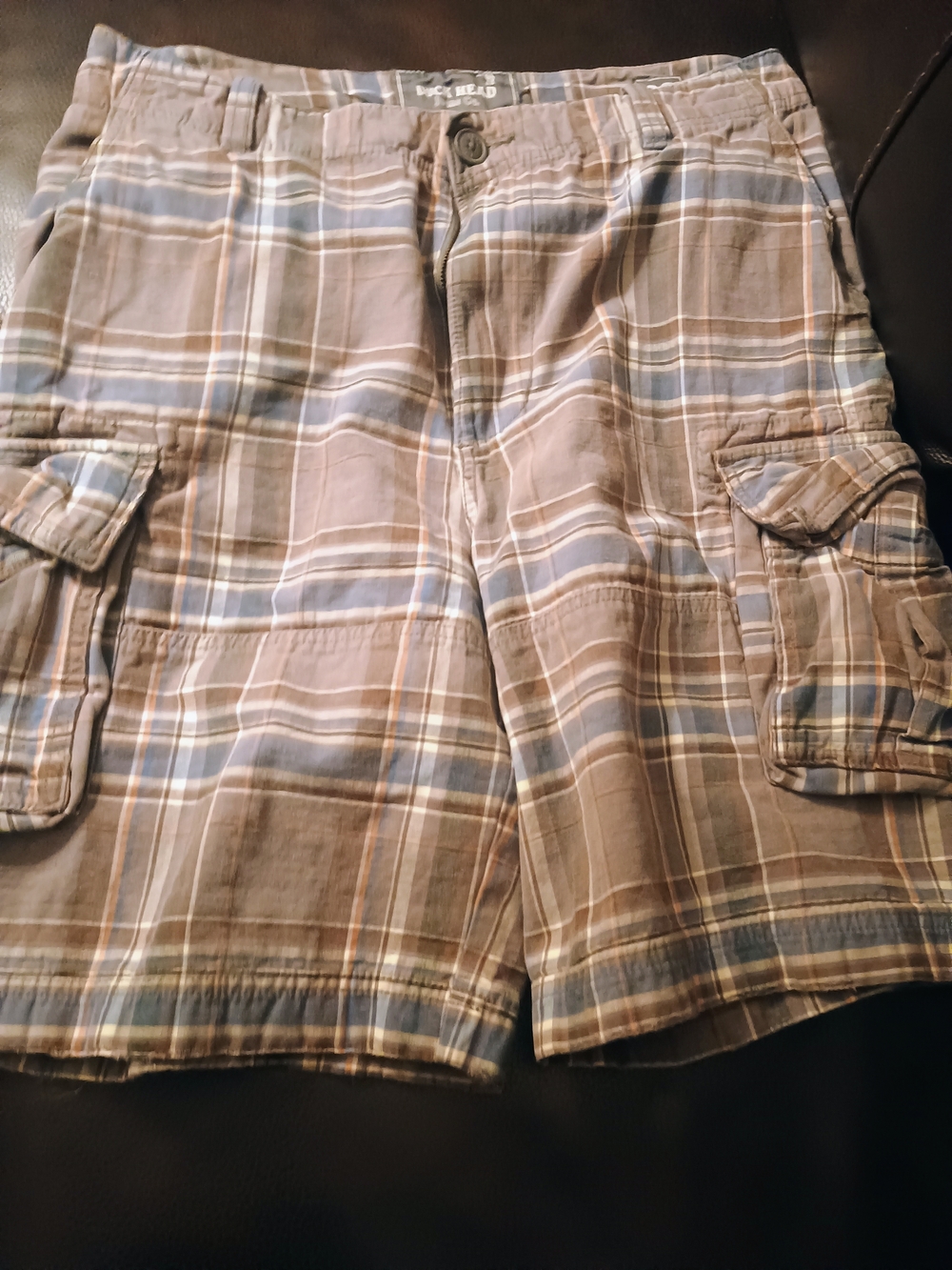 Mens Plaid Cargo Shorts - Blue & Brown Size 32